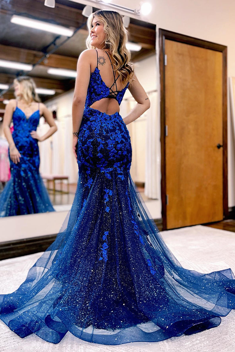 Spaghetti Straps Appliques Sequins Sparkly Mermaid Prom Dress QP2109