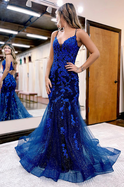 Spaghetti Straps Appliques Sequins Sparkly Mermaid Prom Dress QP2109