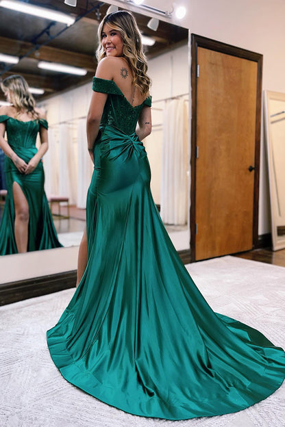 Chic Off the Shoulder Lace Appliques Mermaid Long Prom Dress with Slit QP2118