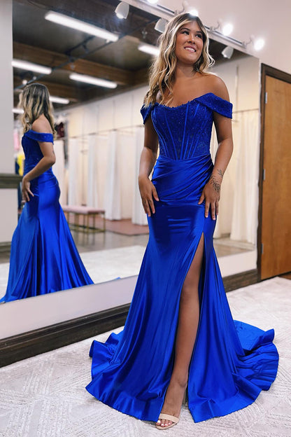 Chic Off the Shoulder Lace Appliques Mermaid Long Prom Dress with Slit QP2118