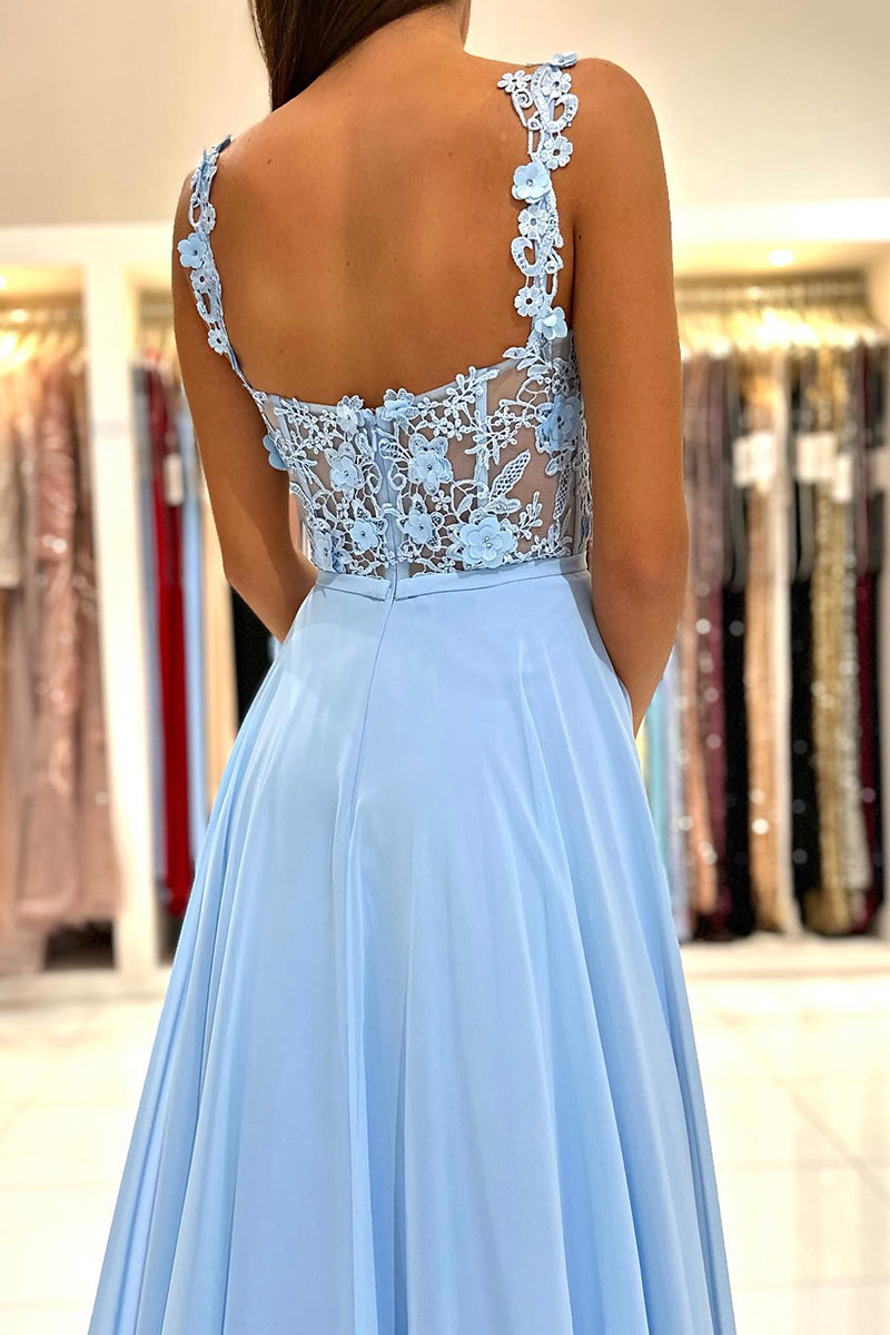 A Line Double Straps Lace Long Prom Formal Dress QP2171