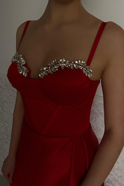 Spaghetti Straps Sweetheart Beads Red Long Prom Formal Dress QP2173