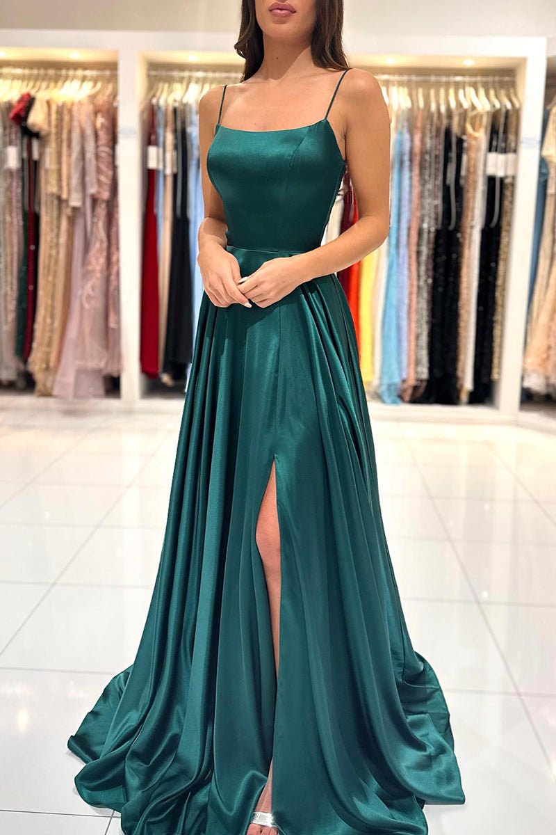 A Line Scoop High Split Simple Long Prom Dress with Pockets QP2183