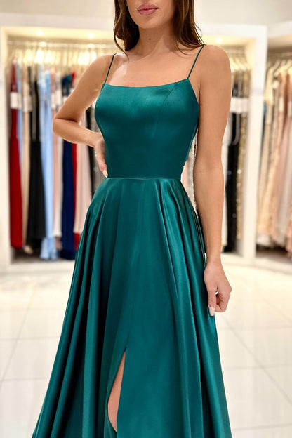 A Line Scoop High Split Simple Long Prom Dress with Pockets QP2183