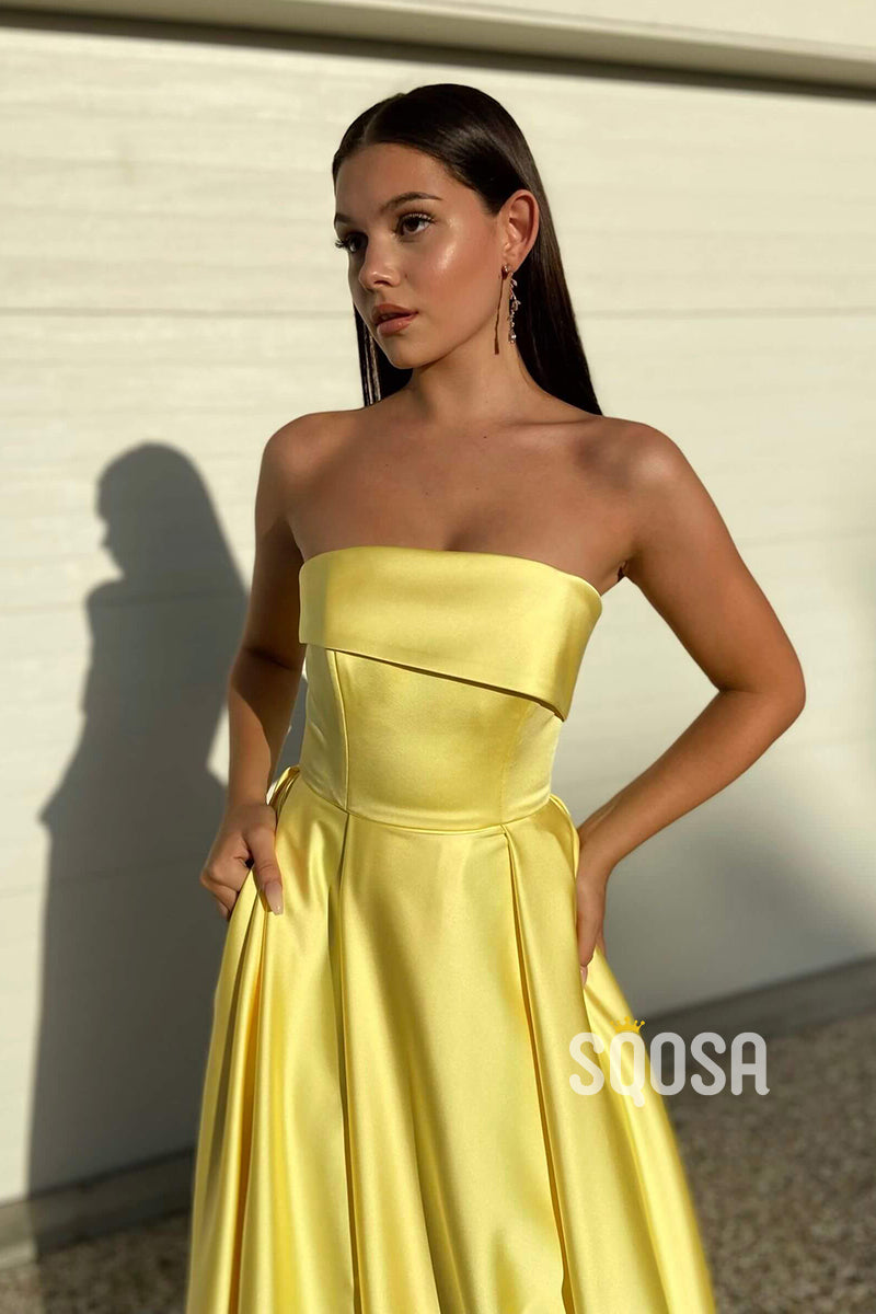 Strapless Yellow Satin High Split Long Prom Dress with Pockets QP2365