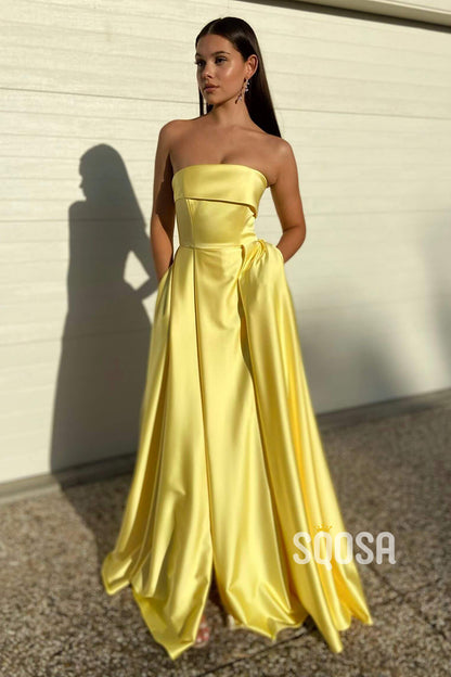 Strapless Yellow Satin High Split Long Prom Dress with Pockets QP2365|SQOSA