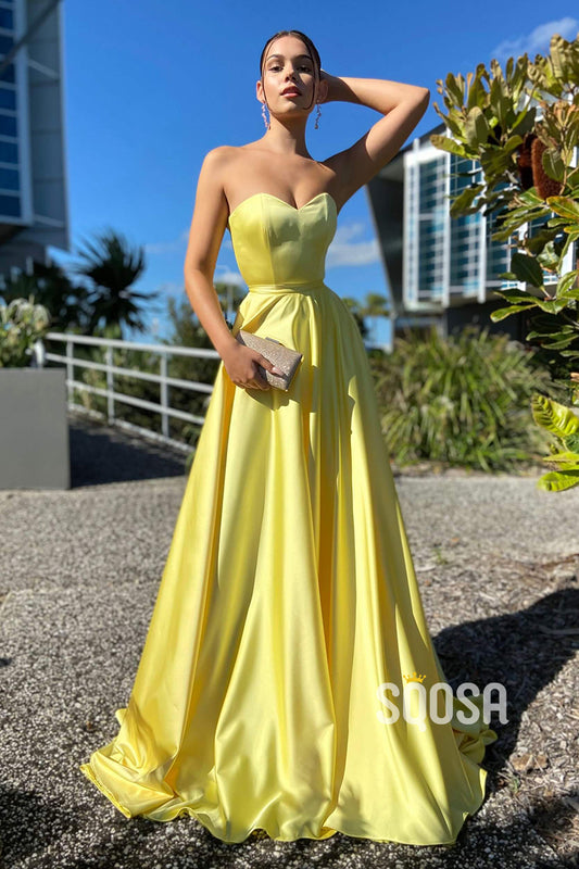 A-line Sweetheart Yellow Long Simple Prom Dress with Pockets QP2370|SQOSA