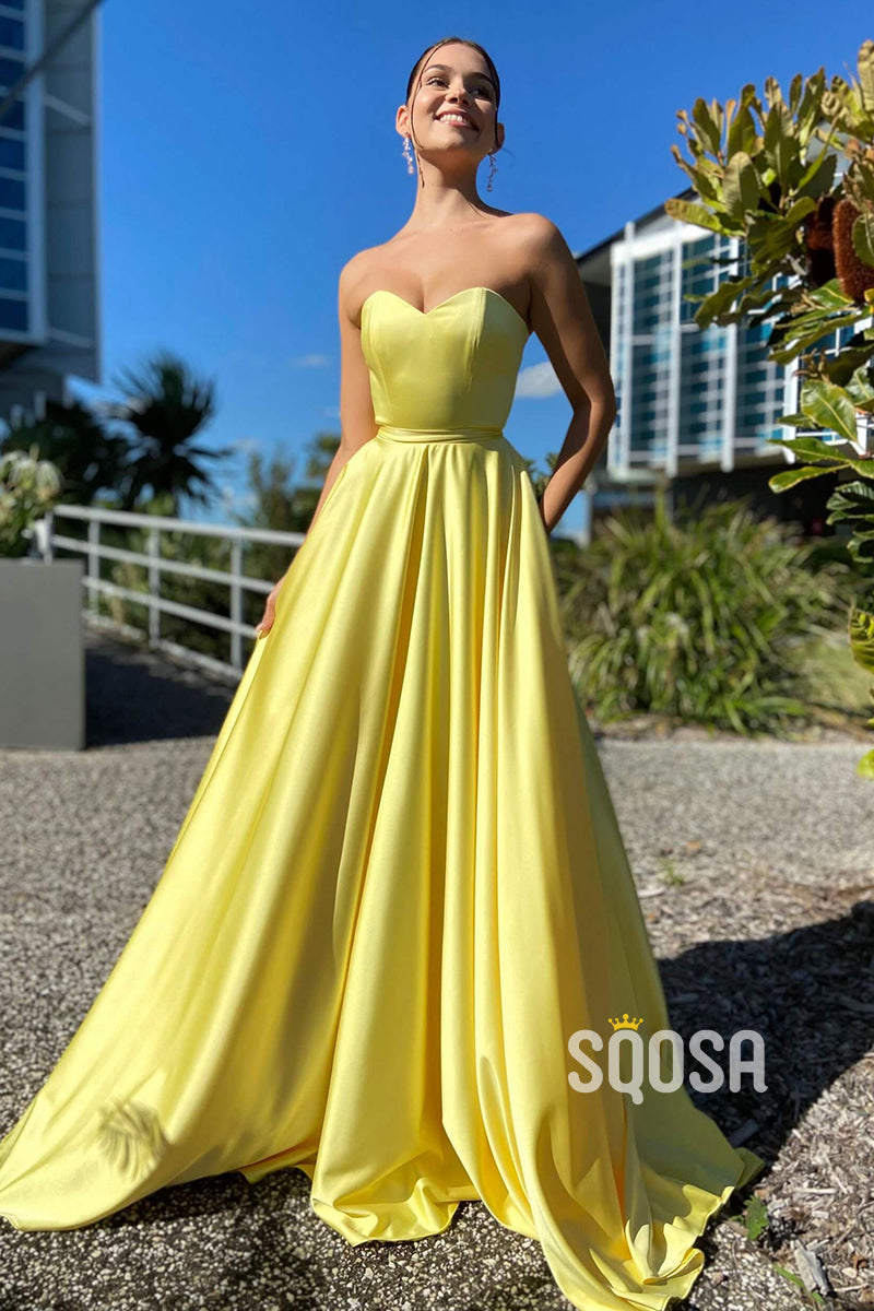 A-line Sweetheart Yellow Long Simple Prom Dress with Pockets QP2370|SQOSA