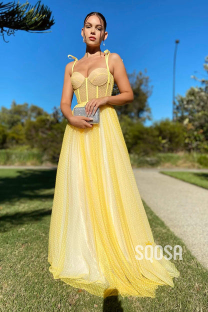Spaghetti Straps Sweetheart Yellow Tulle Long Prom Dress QP2376|SQOSA