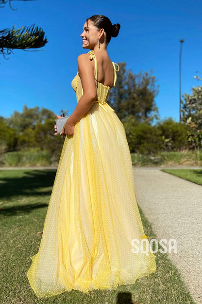 Spaghetti Straps Sweetheart Yellow Tulle Long Prom Dress QP2376|SQOSA