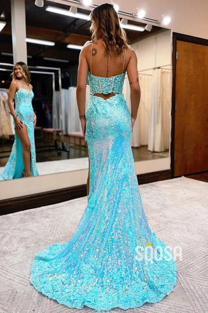 Attractive V-Neck Lace Appliques Sequins Prom Dress with Slit QP2380|SQOSA