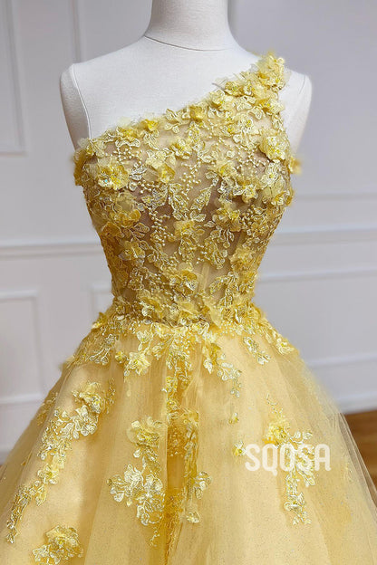 Unique One Shoulder 3D Appliques Yellow Prom Dress QP2388|SQOSA