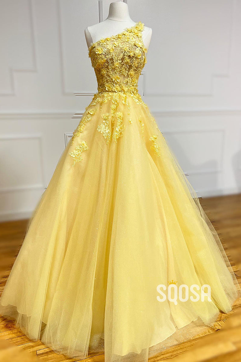 Unique One Shoulder 3D Appliques Yellow Prom Dress QP2388|SQOSA