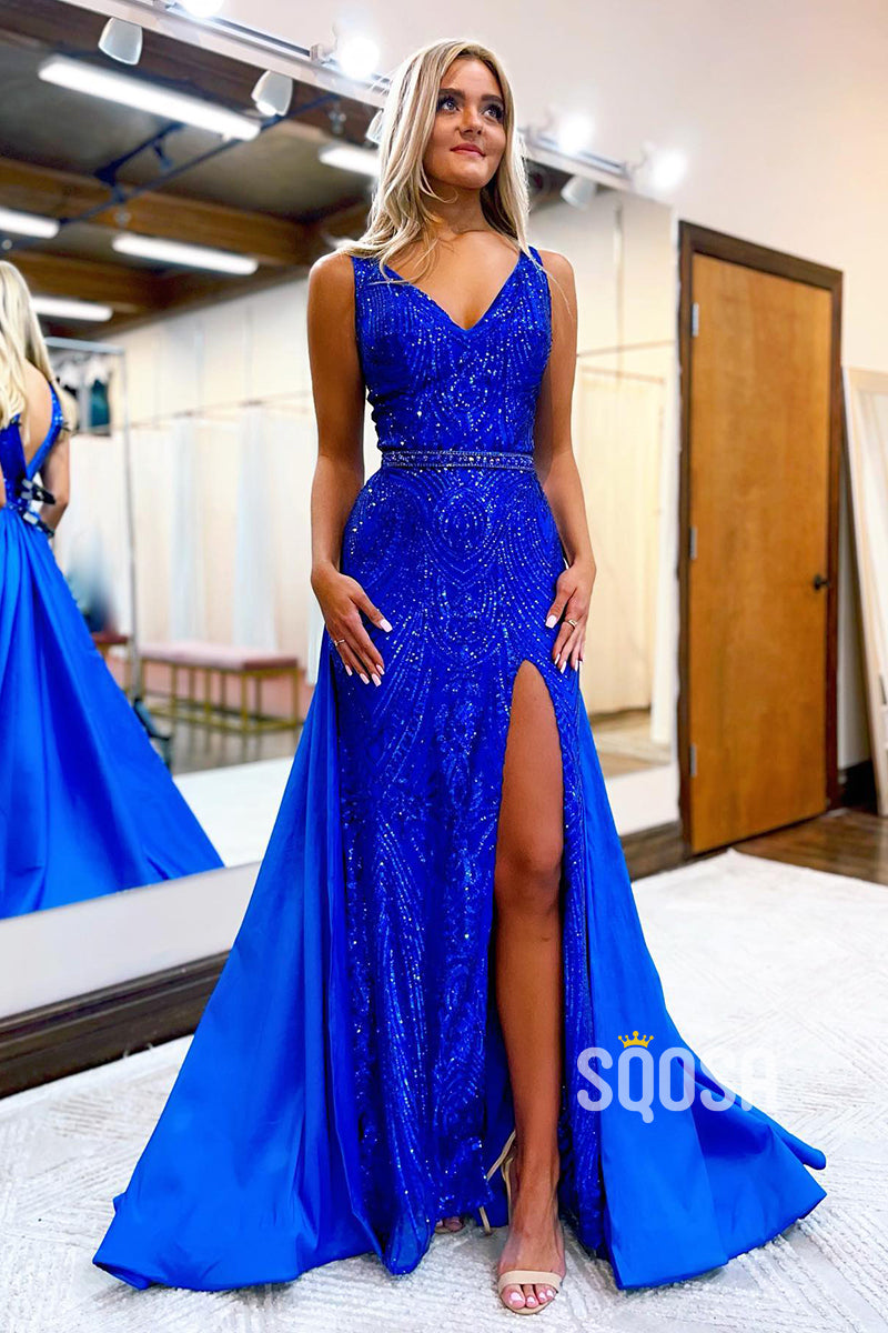 Sexy V-Neck Sequins Appliques Long Prom Dress with Slit QP2413|SQOSA