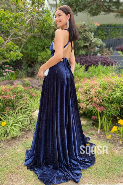 Plunging V-Neck Velvet High Split Long Prom Dress QP2466|SQOSA