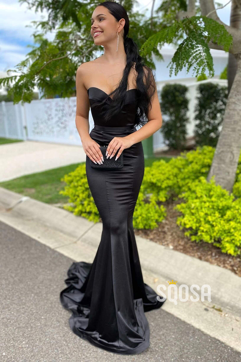 Sweetheart Black Satin Mermaid Prom Dress Long QP2475|SQOSA