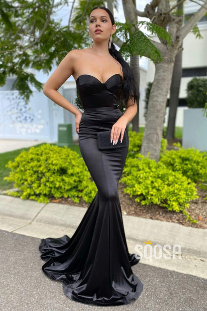 Sweetheart Black Satin Mermaid Prom Dress Long QP2475|SQOSA