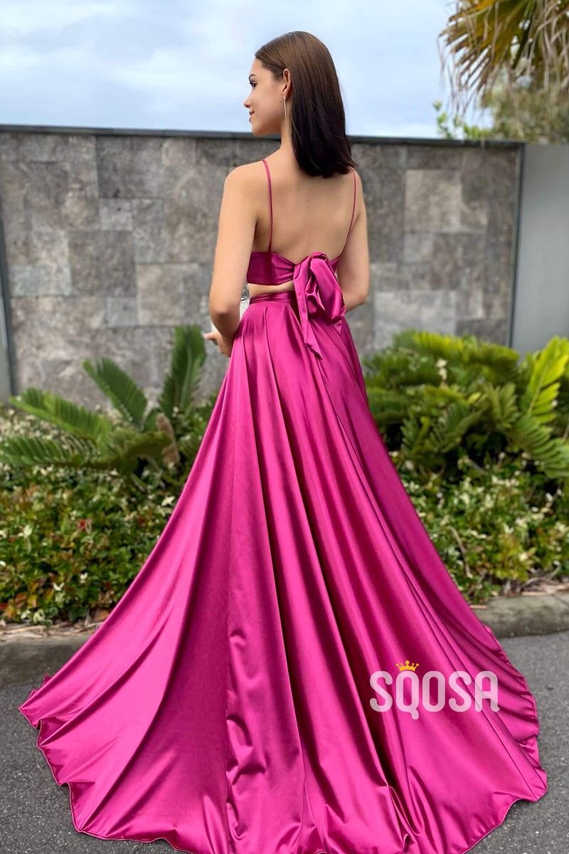 Spaghetti Straps V-Neck Two-Piece Prom Dress with Pockets QP2498|SQOSA
