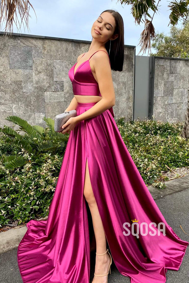 Spaghetti Straps V-Neck Two-Piece Prom Dress with Pockets QP2498|SQOSA