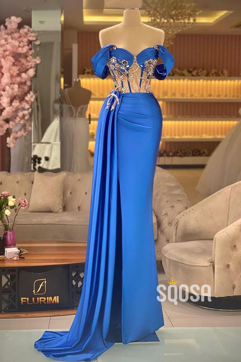 Chic Off the Shoulder BeadsLong Formal Evening Dress with Slit QP2569