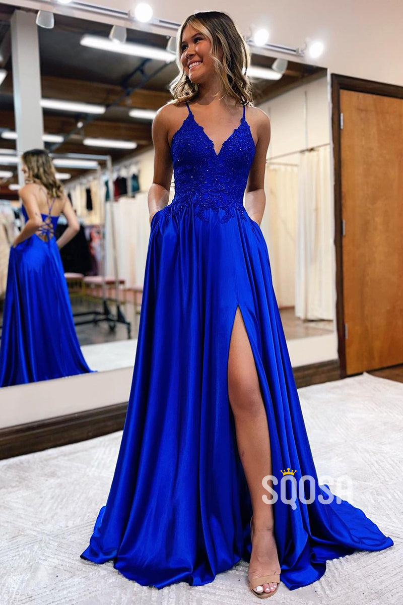 Spaghetti Straps Lace Appliques A-line Long Prom Dress with Slit QP2640|SQOSA