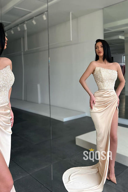 Strapless Sequis Pleats Long Prom Dress with Slit QP2655|SQOSA