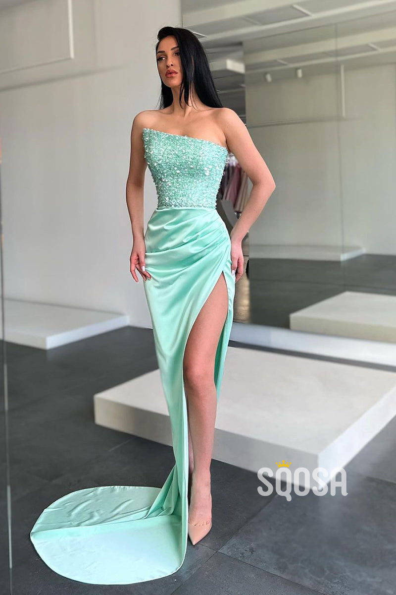 Strapless Sequis Pleats Long Prom Dress with Slit QP2655|SQOSA