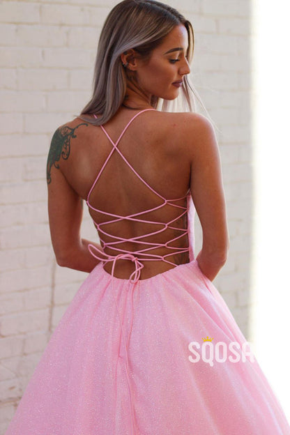 Plunging V-neck Pink Sparkly Prom Dress with Pockets QP2901|SQOSA