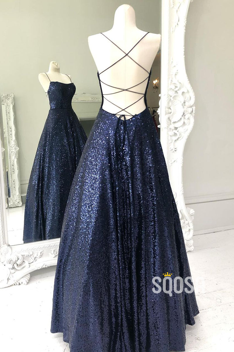 Unique Scoop Navy Sequins Sparkly Prom Dress QP2903|SQOSA