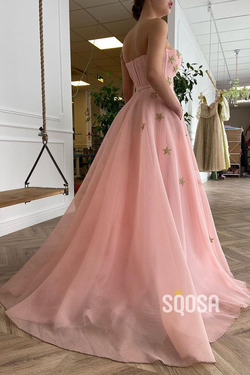 Sweetheart Pink Tulle A-line Prom Dress with Pockets QP2905|SQOSA