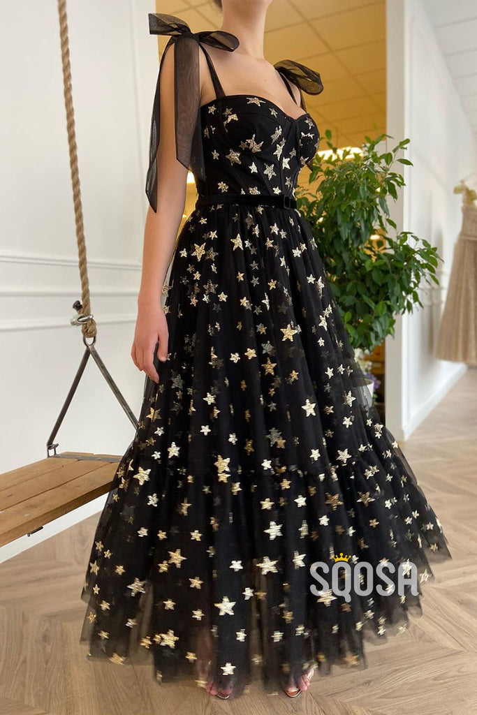 Spaghetti Straps Sweetheart Black Star Lace Prom Dress QP2906|SQOSA