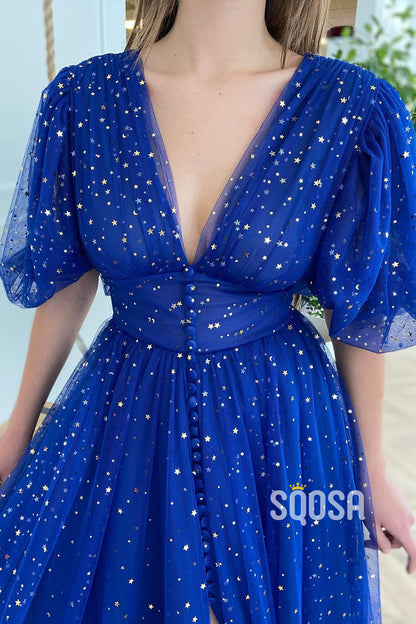 Plunging V-neck Half Sleeves Sparkly Formal Dress with Slit QP2607|SQOSA