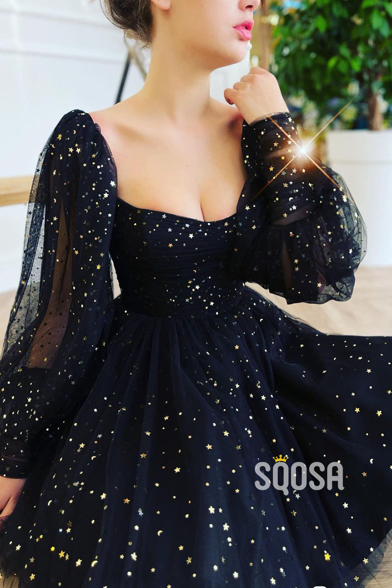 Sweetheart Long Sleeves Black Formal Dress Glitter QP2912|SQOSA