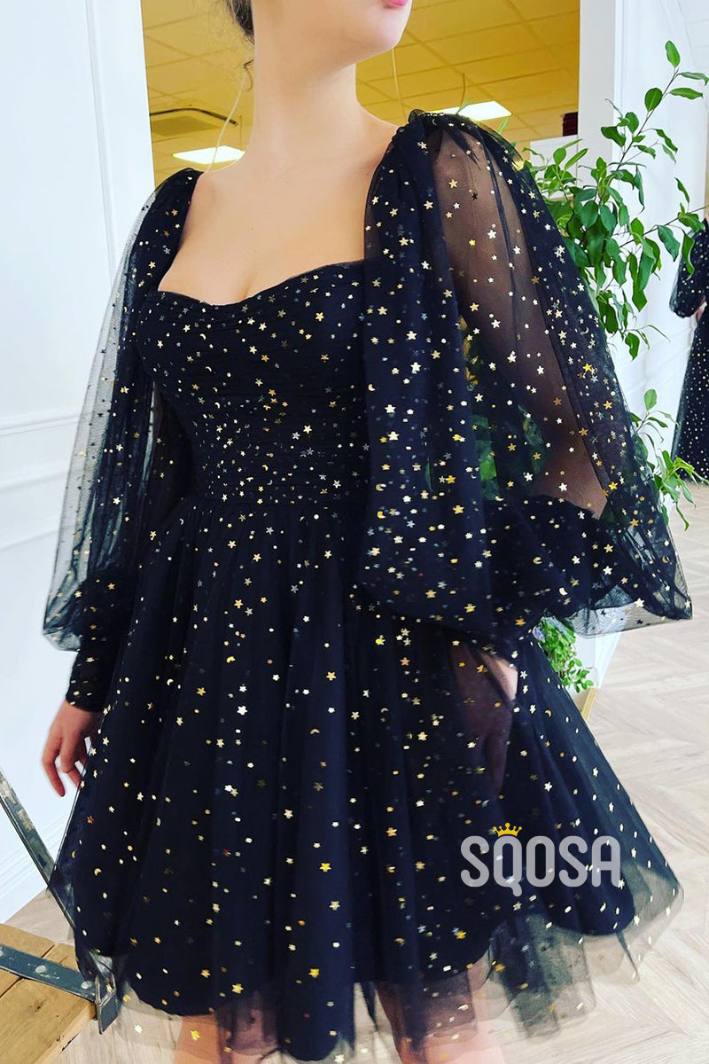 Sweetheart Long Sleeves Black Formal Dress Glitter QP2912|SQOSA