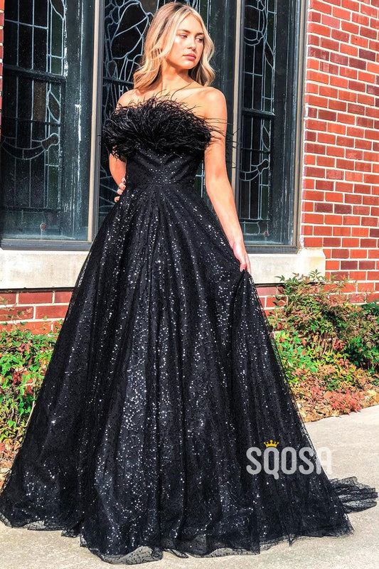 Strapless Feathers A-line Black Prom Dress Glitter QP2916|SQOSA