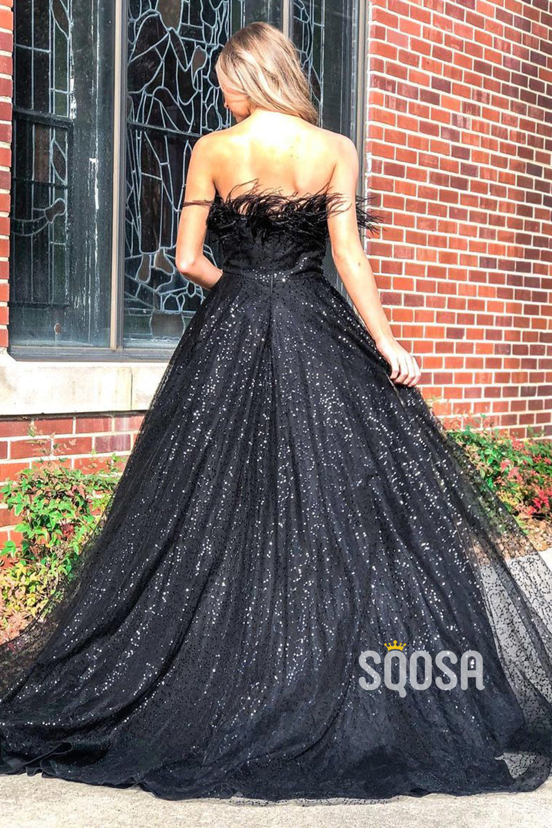 Strapless Feathers A-line Black Prom Dress Glitter QP2916|SQOSA