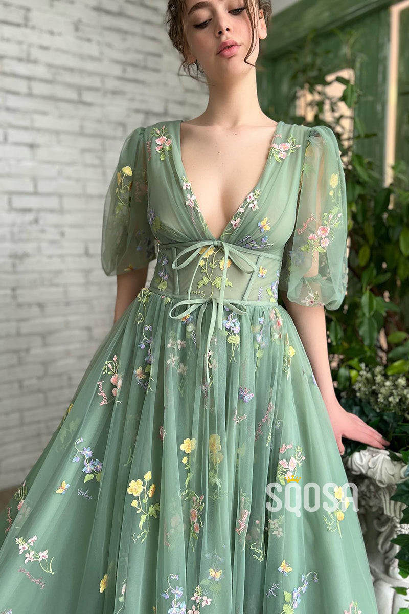 Sexy V-Neck Half Sleeves Embroidery Lace Prom Dress with Pockets QP3033