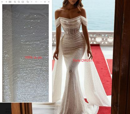 Unique Off the Shoulder Sparkly Mermaid Wedding Dress with Detachable Train QW2670
