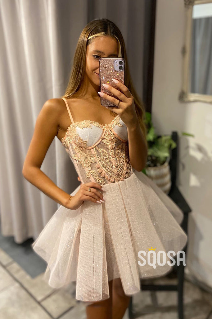 Spaghetti Straps Lace Appliques Cute Homecoming Dress QS2090|SQOSA