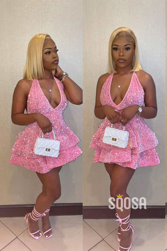 Sexy V-Neck Pink Cute Homecoming Dress for Black Girl QS2147
