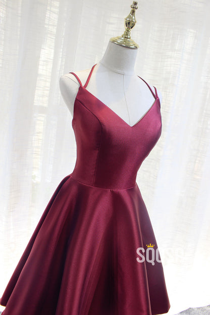 A-line V-neck Burgundy Satin Simple Homecoming Dress QS2284|SQOSA