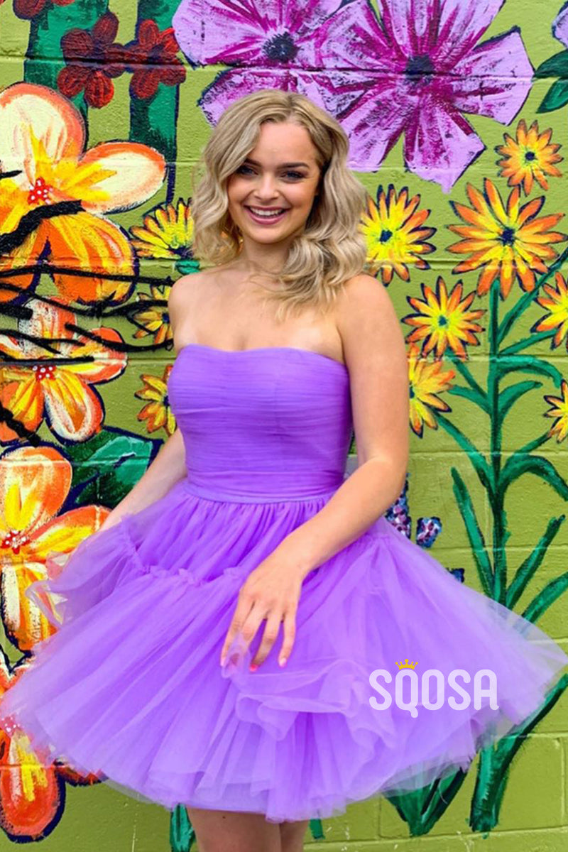 A-line Strapless Lilac Tulle Short Homecoming Dress QS2291|SQOSA