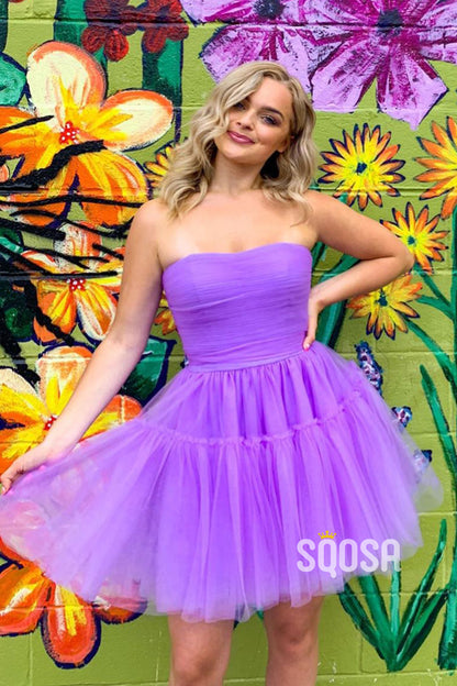 A-line Strapless Lilac Tulle Short Homecoming Dress QS2291|SQOSA