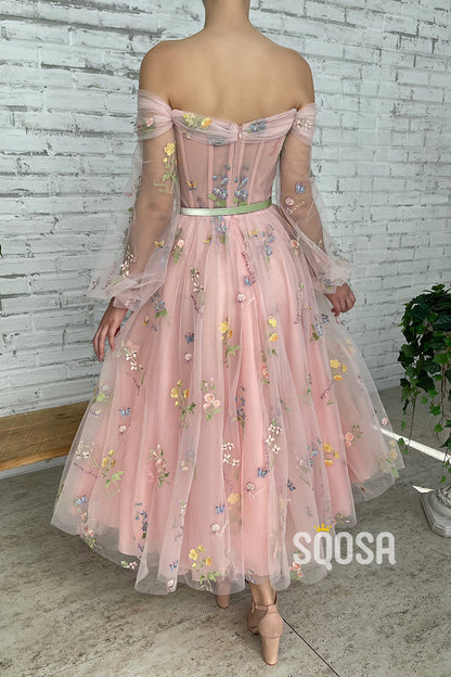 Off the Shoulder Long Sleeves Vintage Prom Dress with Pockets Homecoming Dress QS2319