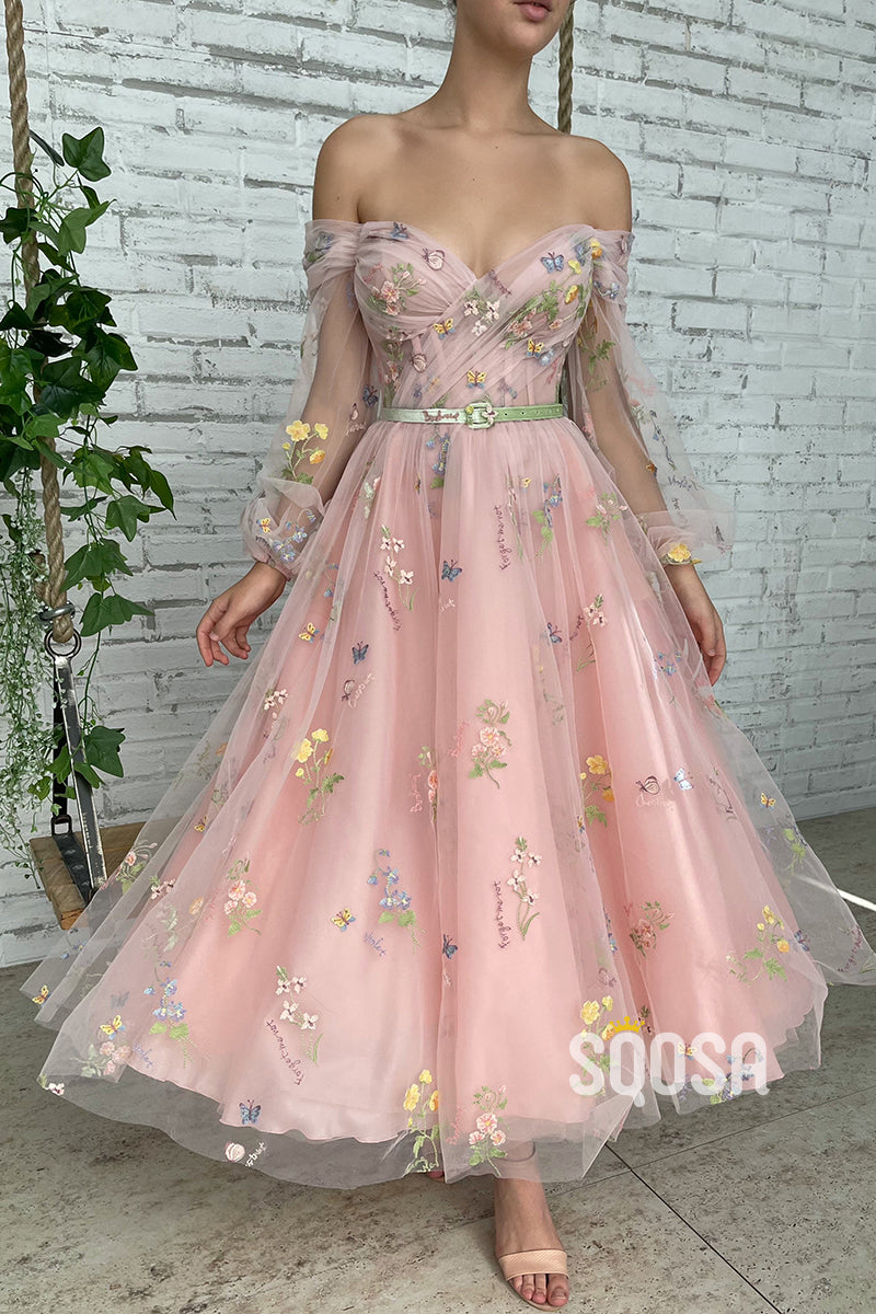 Off the Shoulder Long Sleeves Vintage Prom Dress with Pockets Homecoming Dress QS2319