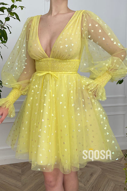 Plunging V-Neck Long Sleeves Yellow Cute Homecoming Dress QS2334