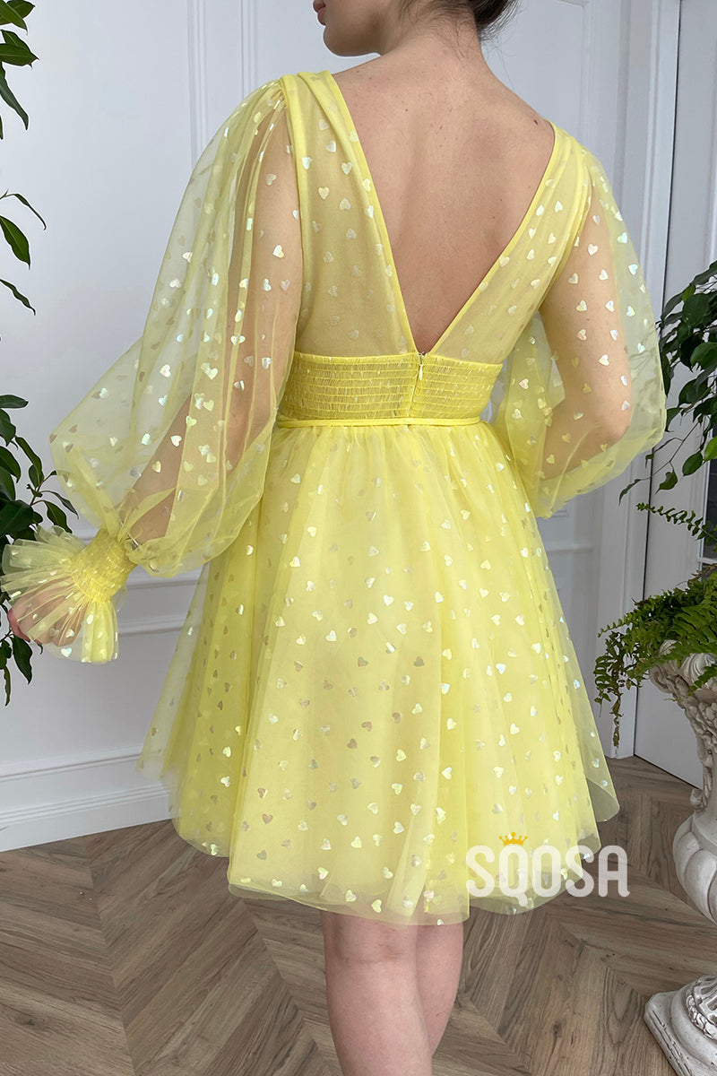 Plunging V-Neck Long Sleeves Yellow Cute Homecoming Dress QS2334