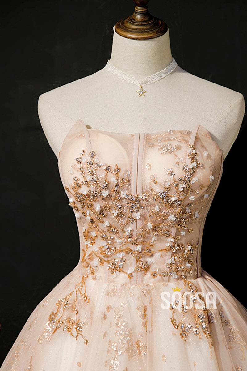 Champagne Beaded Lace Strapless Short Homecoming Dress QS2344|SQOSA