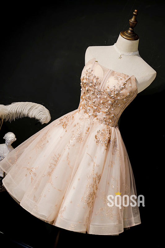 Champagne Beaded Lace Strapless Short Homecoming Dress QS2344|SQOSA