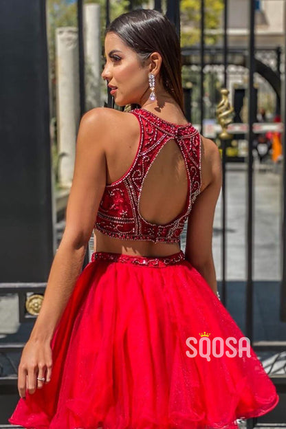 Jewel Neckline Beaded Bodice Red Two-Piece Homecoming Dress QS2345|SQOSA
